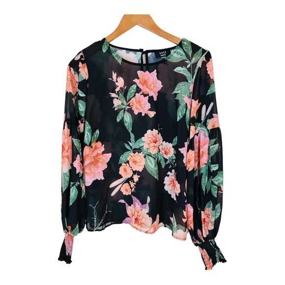 VICI Boutique Dark Floral Semi Sheer Poet Drop Sleeve Blouse Top Medium - Picture 4 of 10